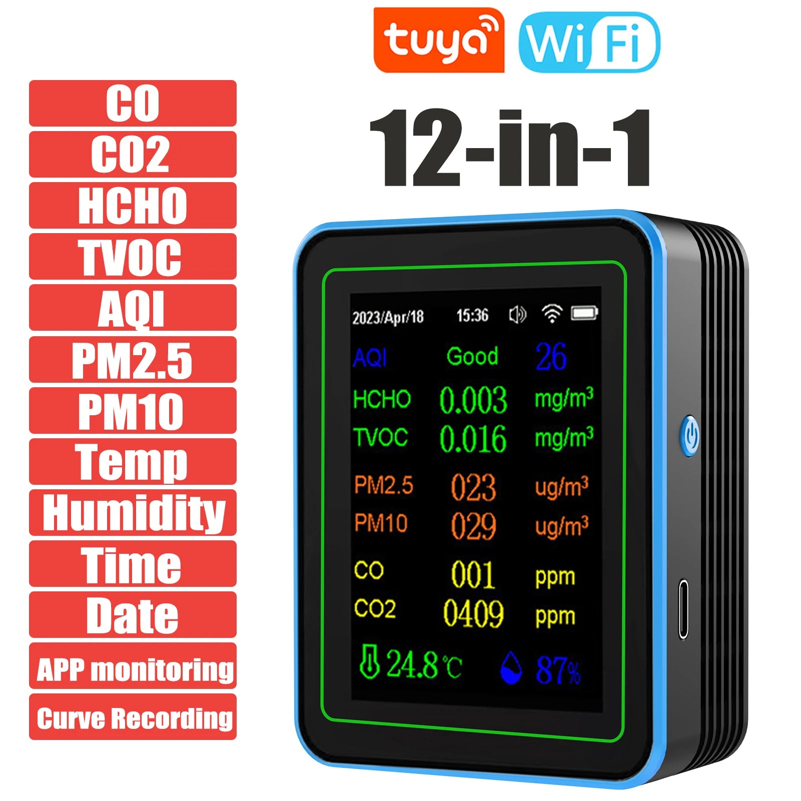 Tuya Wifi 15 in 1 Air Quality Detector Co/Co2/Hcho/Tvoc/Aqi/Pm0.3/Pm1.0/Pm2.5/Pm10/Temperature/Humidity/Aqi Air Quality Monitor