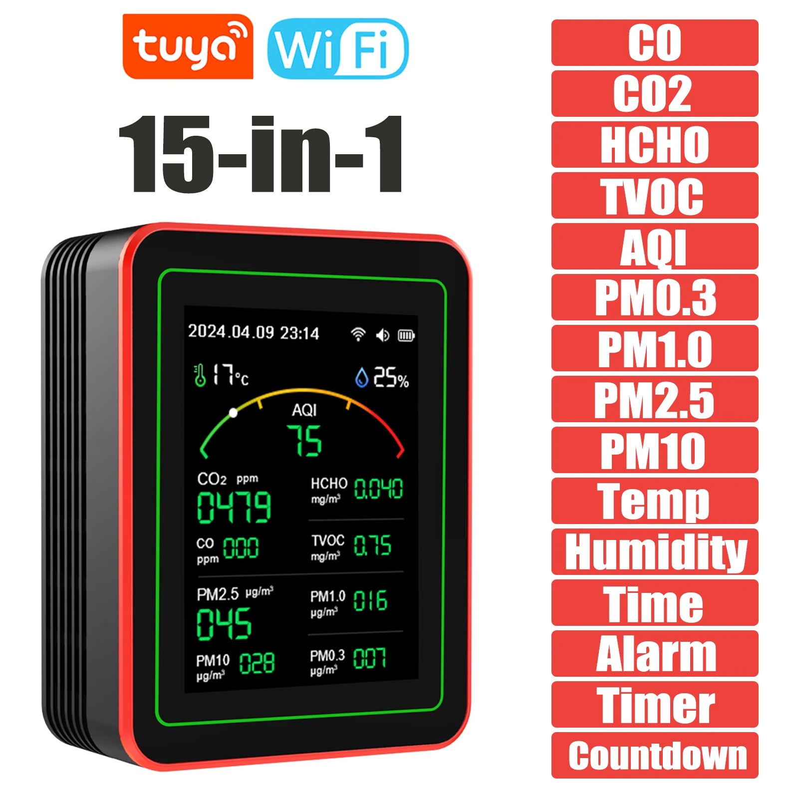 Tuya Wifi 15 in 1 Air Quality Detector Co/Co2/Hcho/Tvoc/Aqi/Pm0.3/Pm1.0/Pm2.5/Pm10/Temperature/Humidity/Aqi Air Quality Monitor
