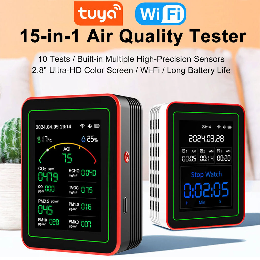 Tuya Wifi 15 in 1 Air Quality Detector Co/Co2/Hcho/Tvoc/Aqi/Pm0.3/Pm1.0/Pm2.5/Pm10/Temperature/Humidity/Aqi Air Quality Monitor