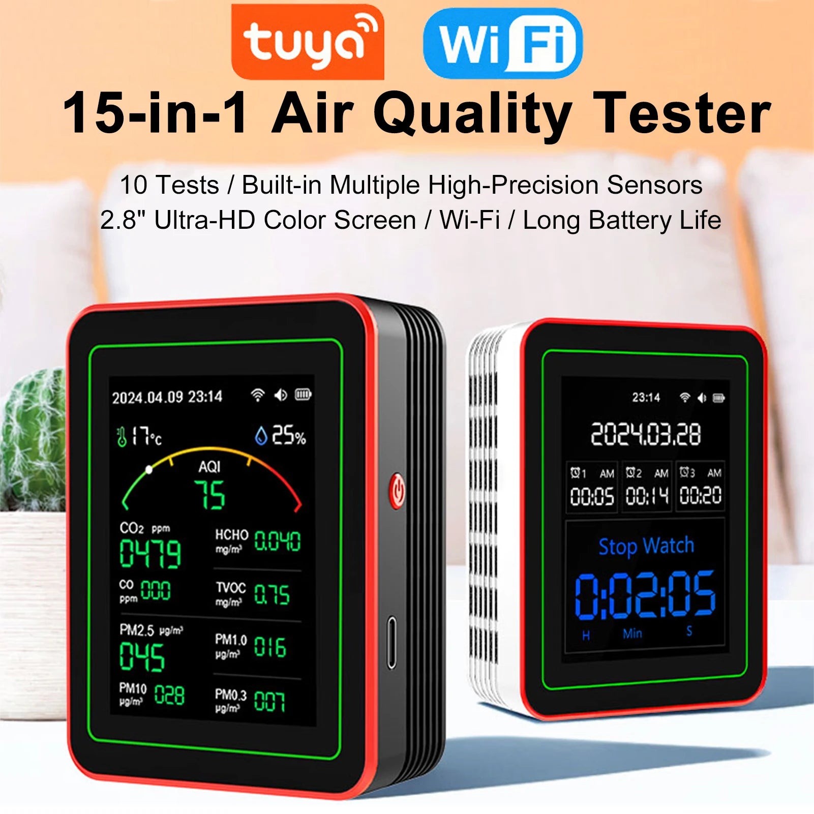 Tuya Wifi 15 in 1 Air Quality Detector Co/Co2/Hcho/Tvoc/Aqi/Pm0.3/Pm1.0/Pm2.5/Pm10/Temperature/Humidity/Aqi Air Quality Monitor