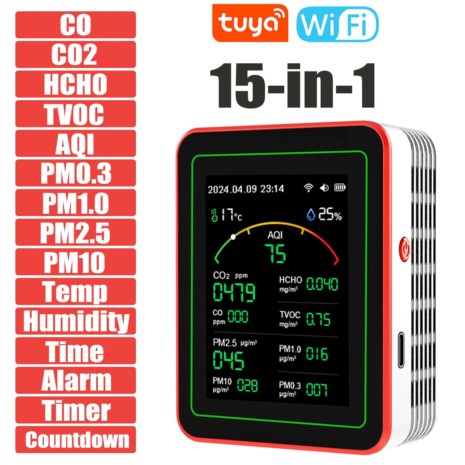 Tuya Wifi 15 in 1 Air Quality Detector Co/Co2/Hcho/Tvoc/Aqi/Pm0.3/Pm1.0/Pm2.5/Pm10/Temperature/Humidity/Aqi Air Quality Monitor